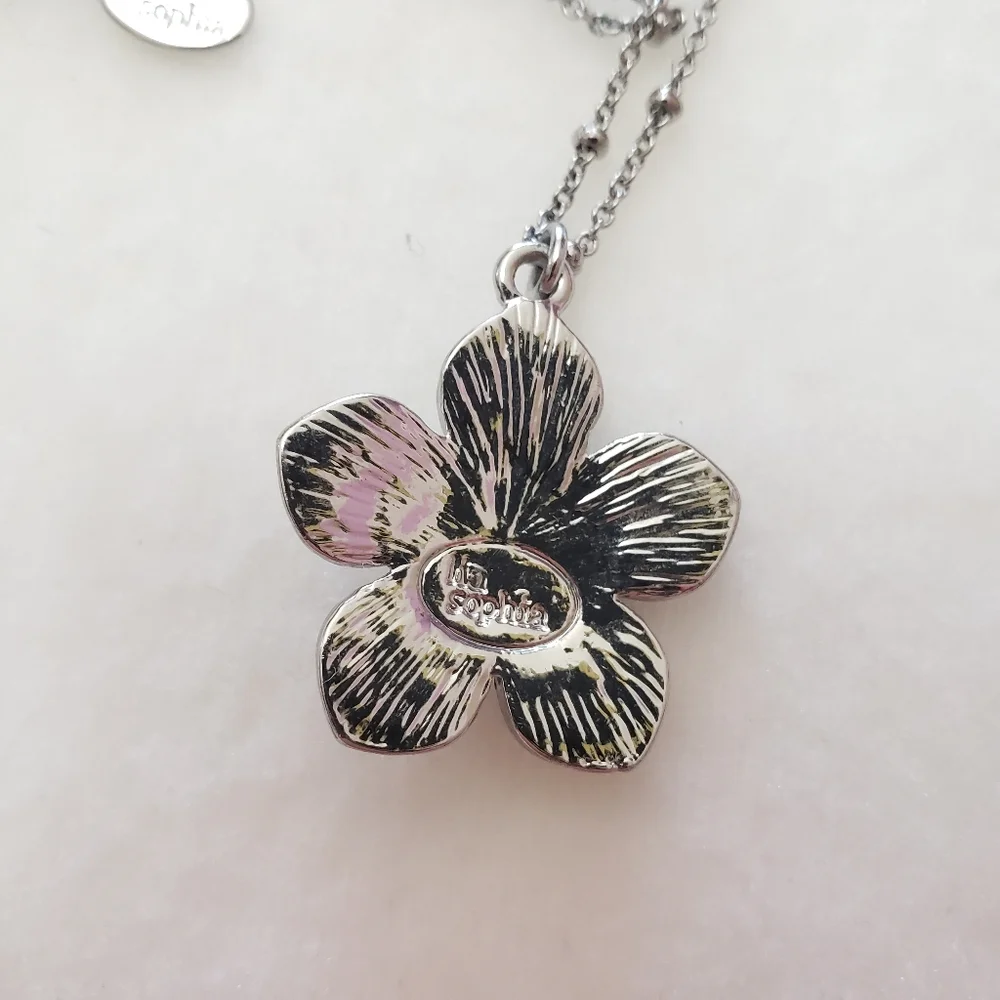 LIA SOPHIA Silver Tone Enamel Flower Rhinestones Faux Pearl Necklace - Picture 4 of 8